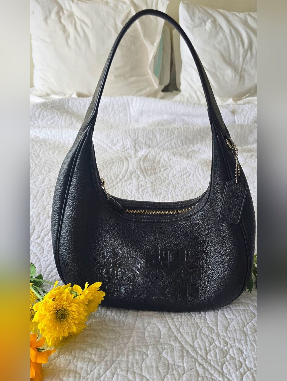 Coach Black Pebble  Leather Shoulder Bag with Embossed Carriage Detail